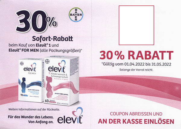 30% Sofort-Rabatt beim Kauf von Elevit 1 und Elevit for MEN.*