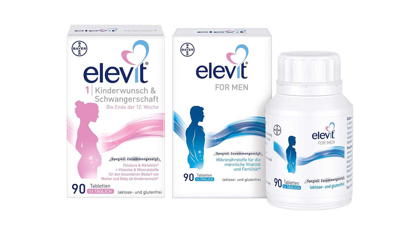 30% Sofort-Rabatt beim Kauf von Elevit 1 und Elevit for MEN.* Mit Elevit® durch die Familienplanung, Schwangerschaft und Stillzeit